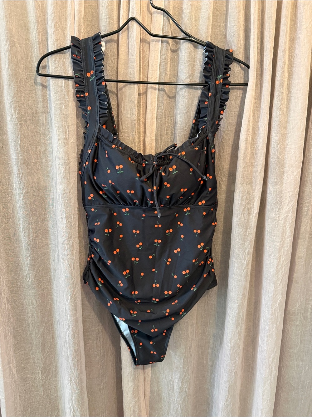 Black Cherry-Print Ruffle Strap One-Piece Swimsuit